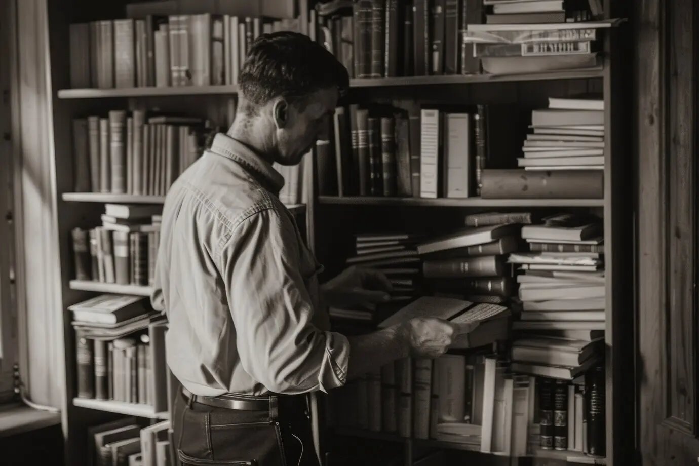 Монохромный портрет мужчины в ретро-стиле, выполняющего домашнюю работу и бытовые обязанности.